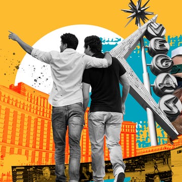 Two individuals pointing towards a landmark in a vibrant cityscape depicting sports betting. Two individuals pointing towards a landmark in a vibrant cityscape depicting sports betting.