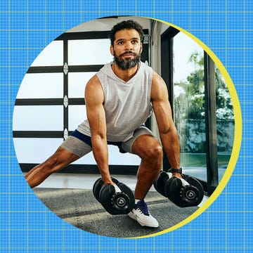 Athletic shoe on sale alongside a person exercising with weights.