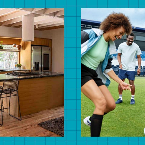 A split image featuring a modern kitchen and a group of people playing soccer. A split image featuring a modern kitchen and a group of people playing soccer.