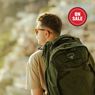 Back view of a person with a green backpack against a scenic backdrop.