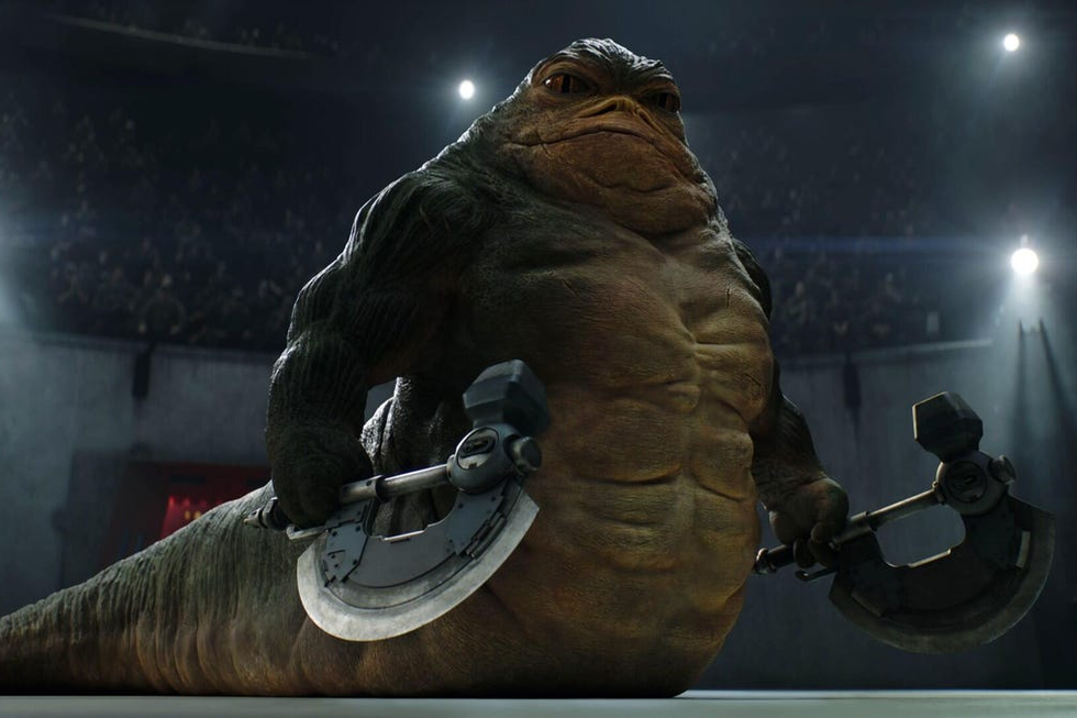 Grogu and Rotta the Hutt from Star Wars: The Mandalorian, Disney scene
