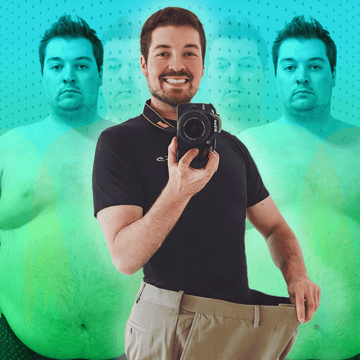 before and after collage of man holding a camera showing weight loss in pant size