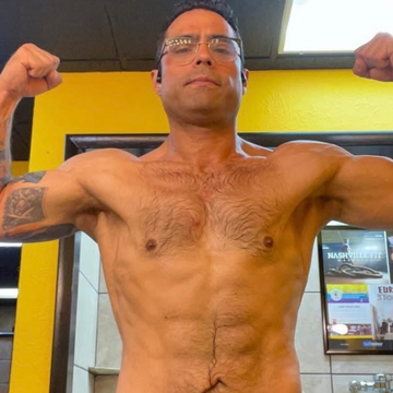 left photo is a bathroom mirror selfie of overweight shirtless man and to the right is a fit shirtless man flexing muscles