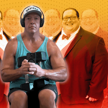 before and after transformation of an obese man in a suit and a muscular man taking a selfie holding dumbbells